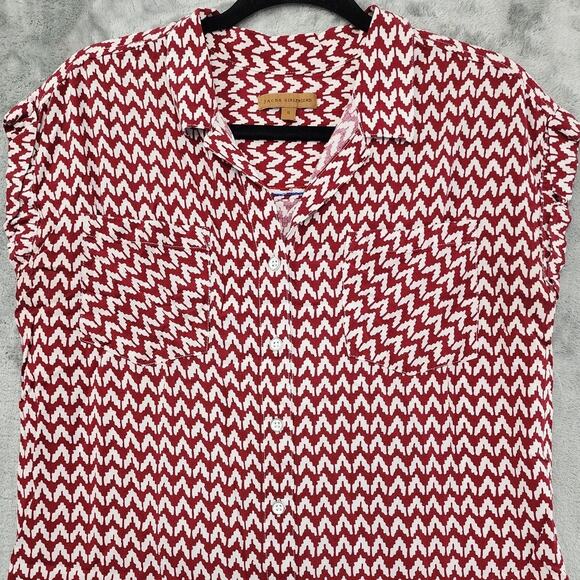 JACHS Girlfriend Top Womens S Red White Chevron Print Quinn Cap Sleeve Button Up - Picture 2 of 9